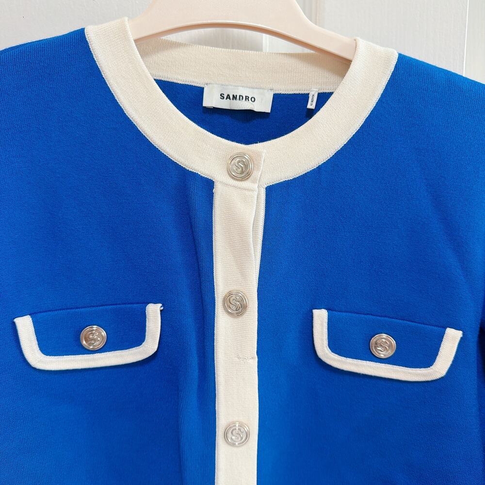 Sandro Murcie Blue Knit Button Front Crewneck Sweater Size 4 - Picture 6 of 8